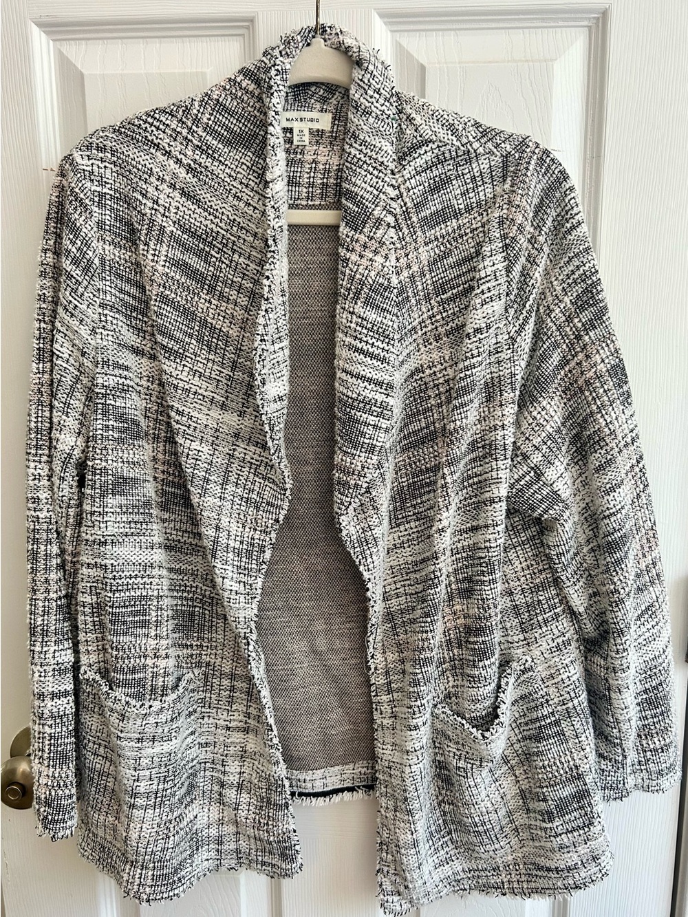 Max Studio Black, White, and Light Pink Bouclé Open Cardigan